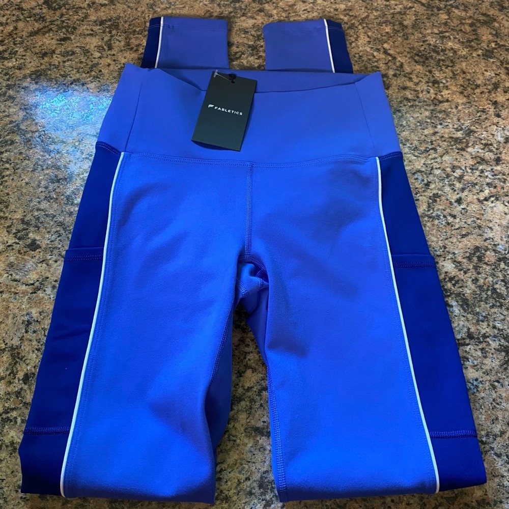 Fabletics PowerHold High-Waisted Blue Colorblock Pockets Leggings XS Tall NWT